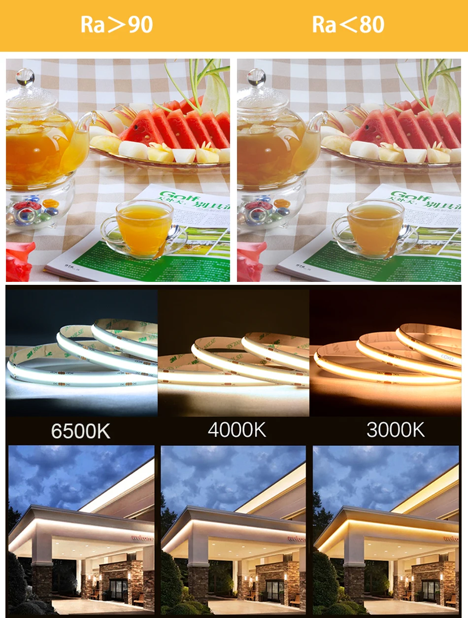 320 480 LEDs/m COB LED Strip Lights 16.4ft Flexible Tape Ribbon Lighting RA90 DC12V 24V Dimmable 3000K 4000K 6500K Led Strip
