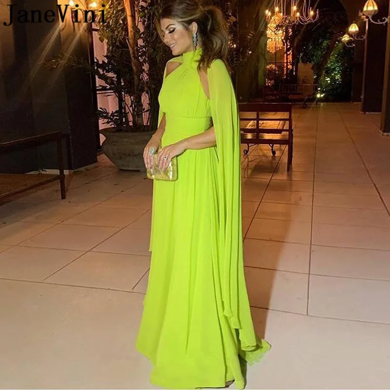 JaneVini Libanon Lange Abendkleider mit Cape Arabisch High Neck Licht Grün Chiffon Frauen Formale Kleid Avondjurk Lang Elegante