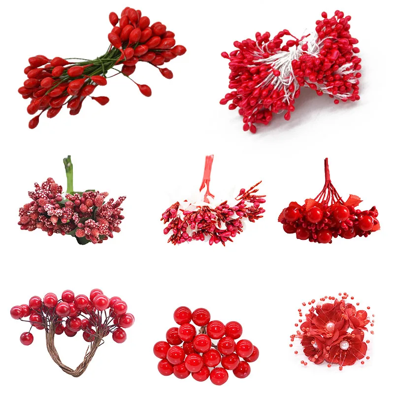 Red Theme Artificial Flower Cherry Stamen Berries Bundle DIY Christmas Decoration Wedding Cake Gift Box Wreaths Xmas Decor