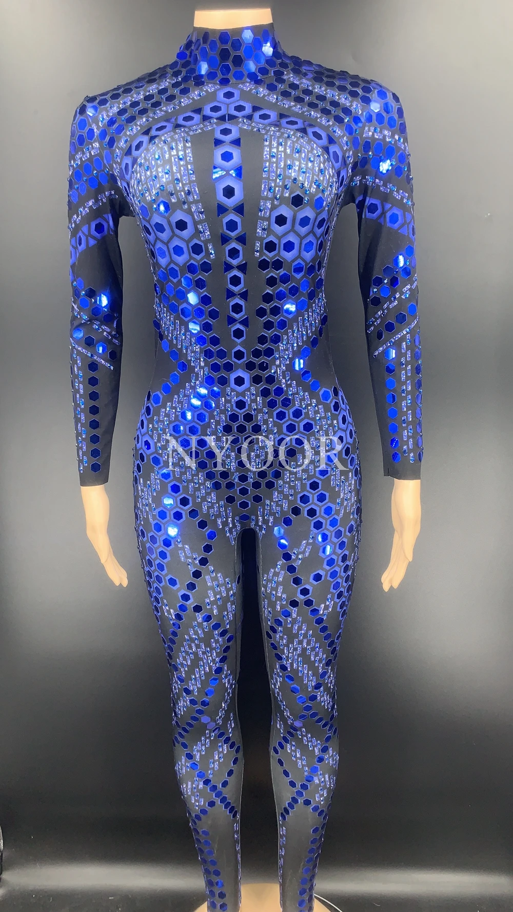 Flashing Blue Sequined  Long Sleeve Jumpsuit Women Birthday Celebrate Party Outfit Bar Nightclub Dance Costume Show Stage Wear