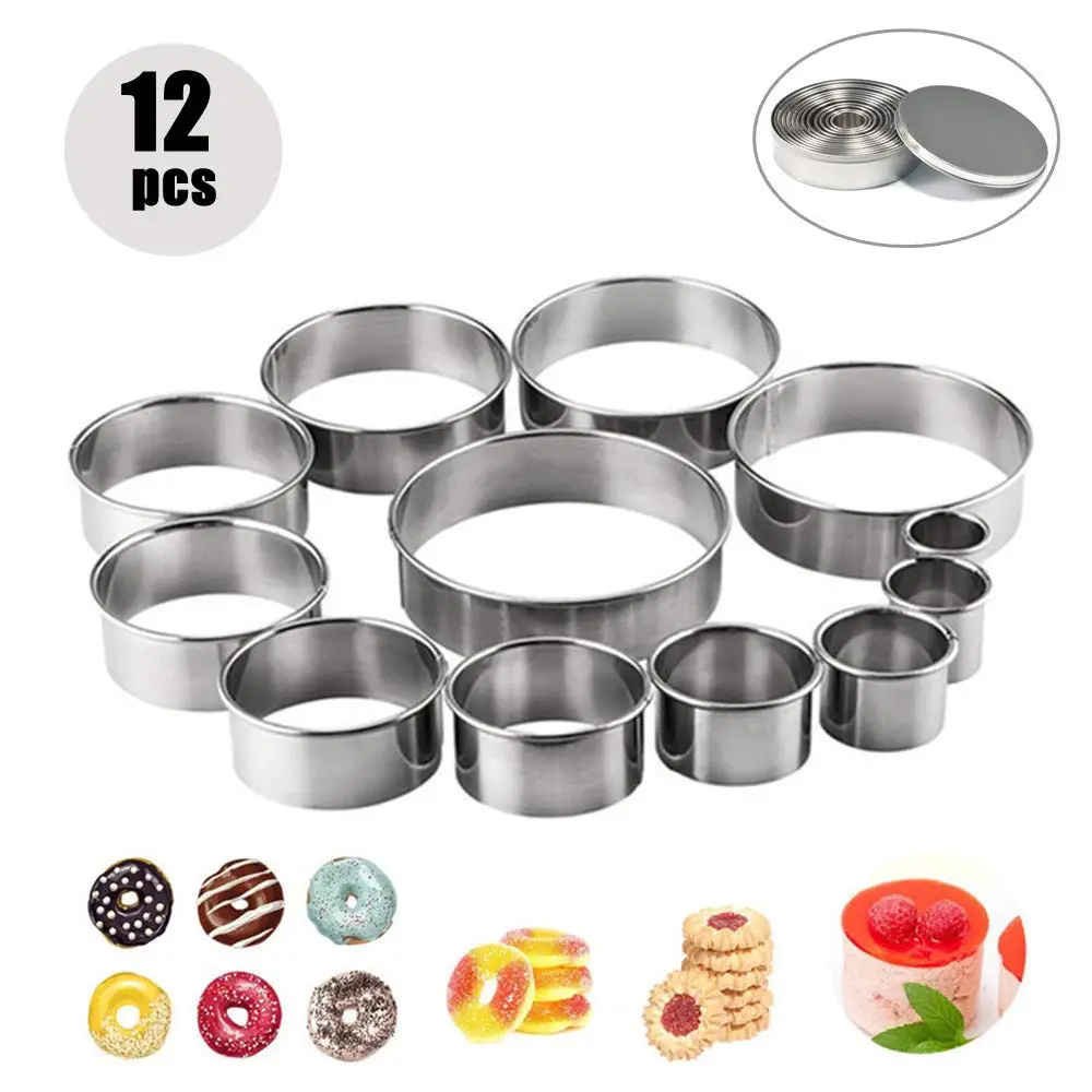 12pcs/pack Stainless Steel Cookie Biscuit Cutters Set Plain Edge Round Mousse Ring Mold Icing Pastry Sugarcraft Cake Decoration