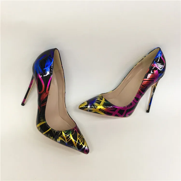 Sexy women thin high heels patent women pumps party shoes printed dress heels 12cm heels