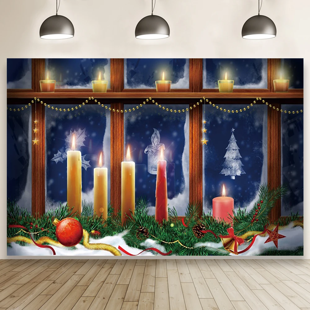 Laeacco คริสต์มาส Windowsill พื้นหลังเด็กวันเกิด Portrait เทียนคริสต์มาสต้นไม้ถ่ายภาพฉากหลังสำหรับ Photo Studi