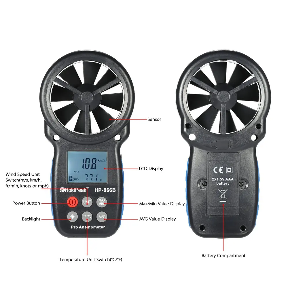 866B Digital Anemometer Handheld Wind Speed Meter for Measuring Wind Speed,Temperature and Wind Chill with Backlight and Max/Min