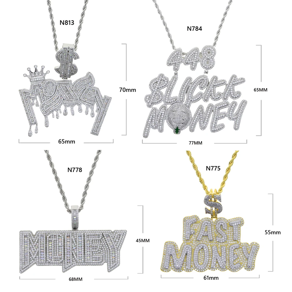 New Iced Out Bling Crown Letters Money Pendant Necklace Two Tone Color CZ Zircon Dollar Symbol Necklaces Men\'s Hip Hop Jewelry