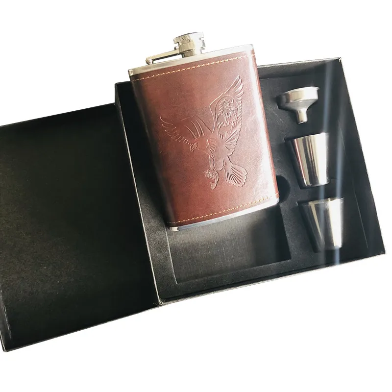 8oz Ounce 304 Stainless Steel Eagle Vodka Funnel Hip Flask Whisky Bottle Moscow Eagle Flagon Pu Leather Wrapping Gift Box Set