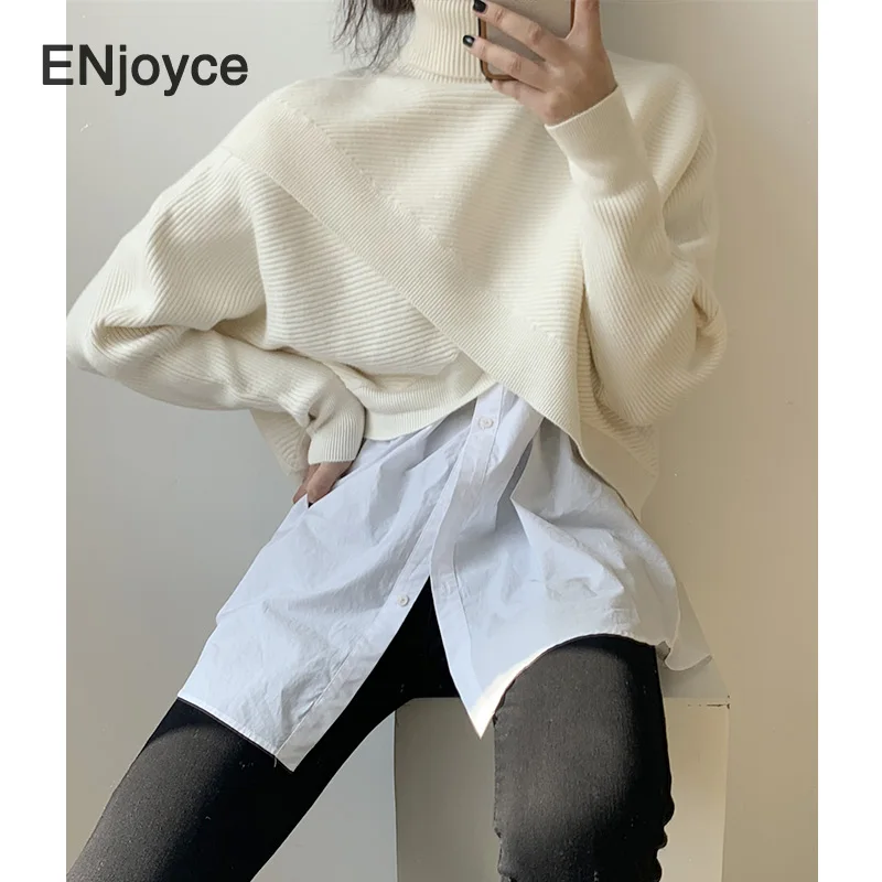 Women Korean Style Cross-front Turtleneck Sweater 2024 Spring Fall Streetwear Knitted Pullover Sweaters Long Sleeve Crop Top