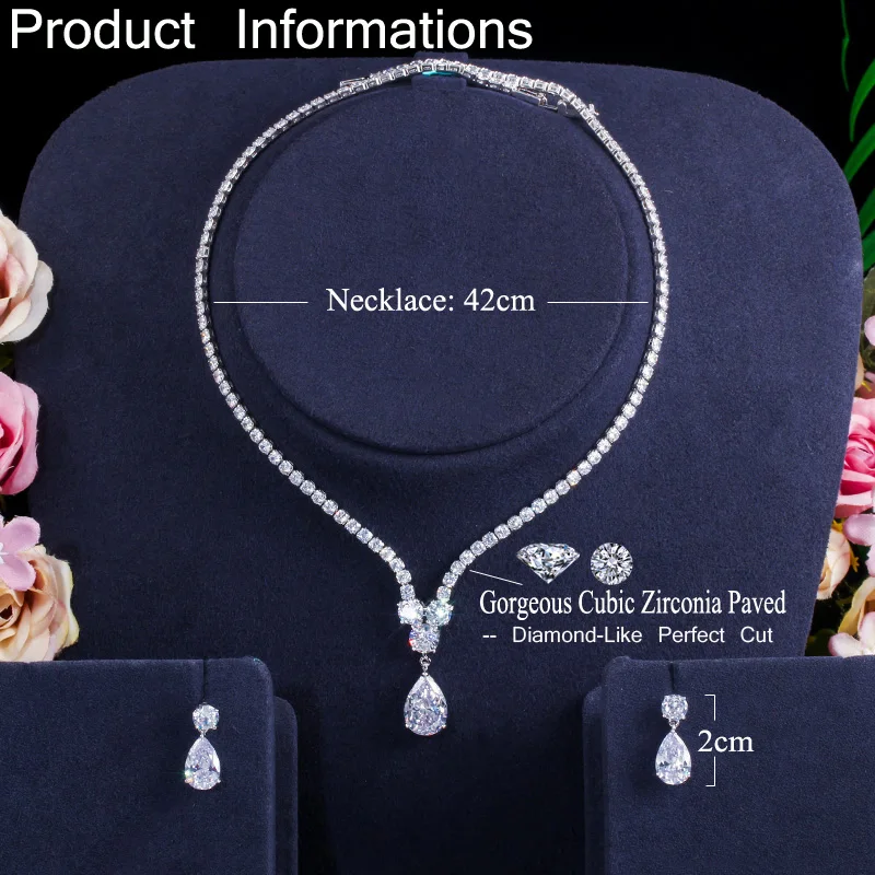 CWWZircons Modische Cubic Zirconia Wassertropfen-Anhänger Halskette und Ohrringe Brautschmuck-Sets für Bräute Party T397 – Detail 1