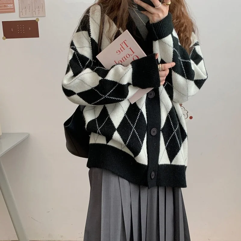 Cardigan Women Knitted Sweater Argyle Loose Sweater Single Breasted Student Lovely Knitwear Korean Oversize Cardigan Winter Tops