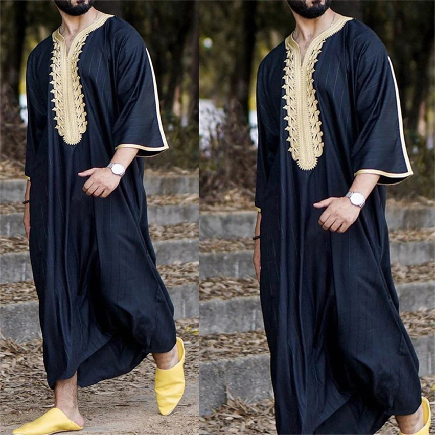 Abaya musulmana para hombre, bata con cuello en V, caftán marroquí, caftán turco, ropa islámica informal diaria, Jubba, Thobe, Qamis, Ramadán, Dubái