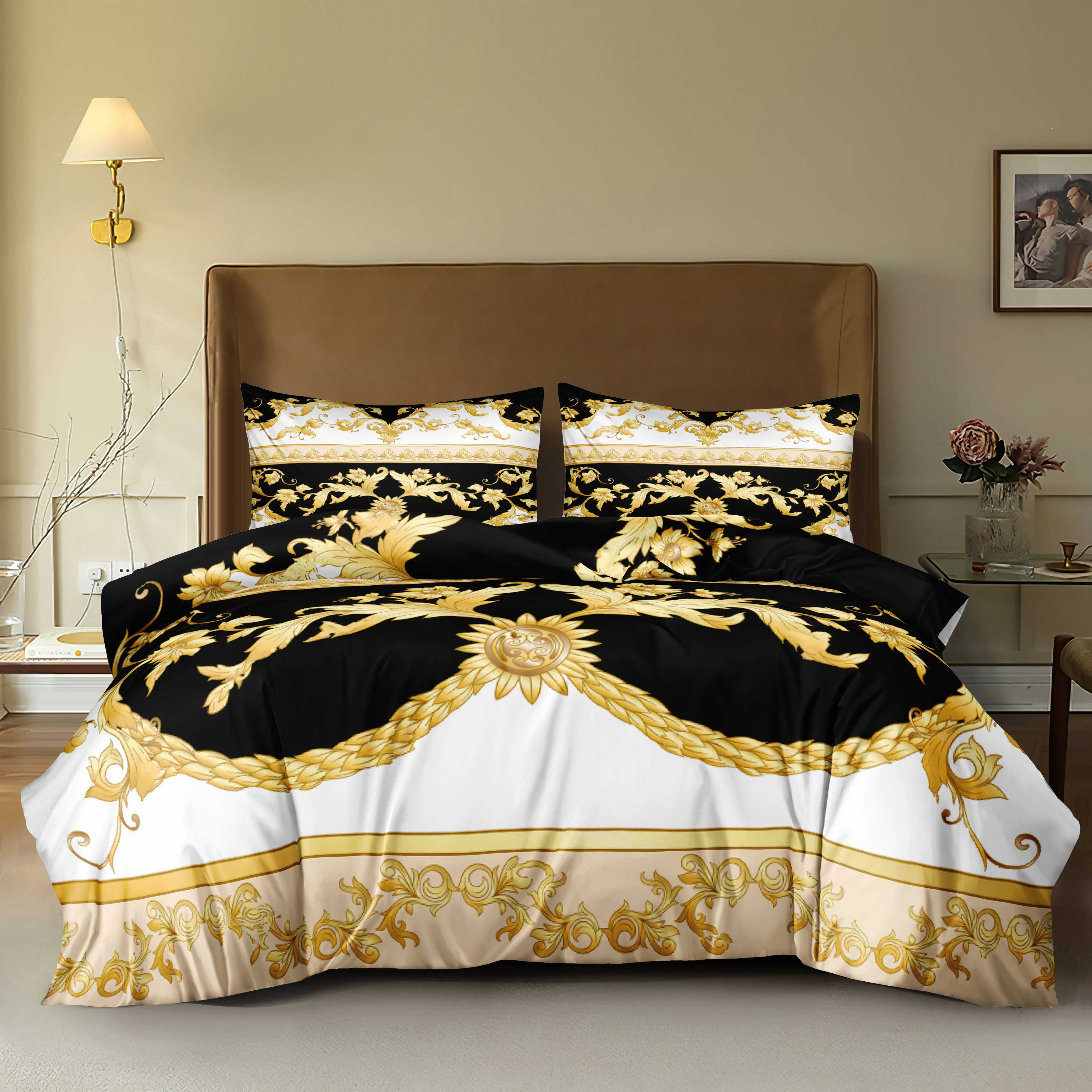 Gold Flowers Bedding Sets Gold Baroque Duvet Cover Set Boho Black Gold Home Textiles Luxury Bed Linen for Dropshipping