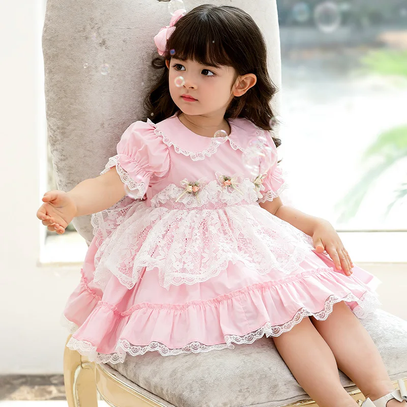 Summer New Spanish Lolita Princess Ball Gown Short Sleeve Lace Stitching Birthday Party Easter Dresses For Girl 12M-6T  A275