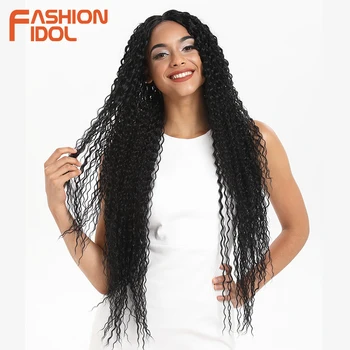 MODA IDOL Afro Kinky Kıvırcık Yumuşak Uzun 38 inç Ombre Altın Dantel Peruk Sentetik Saç Isıya Dayanıklı Fiber Peruk Siyah Kadınlar Için