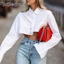 Twotwinstyle Sexy Crop Top Kwastje Effen Kleur Shirt Voor Vrouwen Revers Kraag Lange Mouw Losse Oversized Shirts Vrouwelijke 2022 Nieuwe