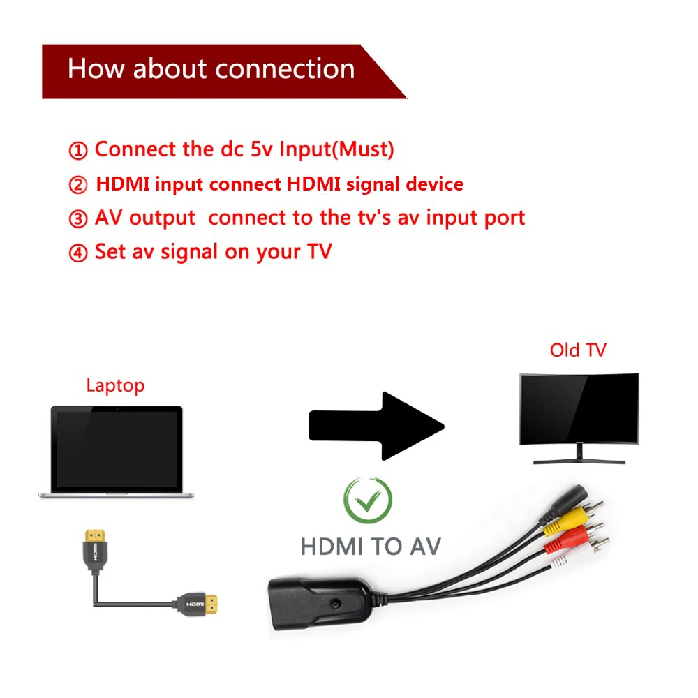 HDMI TO AV Adapter Mini HD Video Converter Box HDMI to RCA AV/CVSB L/R Video 1080P HDMI2AV Support NTSC PAL Output