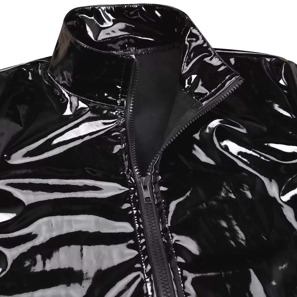 S-7XL Plus Size Mens Sexy Shiny Wetlook Leather Shirt Erotic Shaping Sheath Casual Coat Male Glossy PVC Leather Jacket Tops Sexi