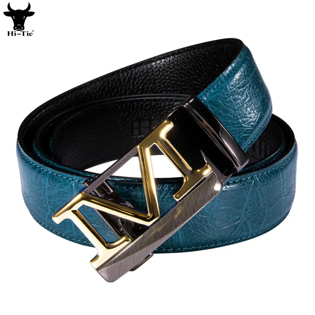 

Hi-Tie Blue Emboss Leather Men's Belts M Letter Automatic Buckles Ratchet Waistband Belt for Men Jeans Dress Wedding Business XL