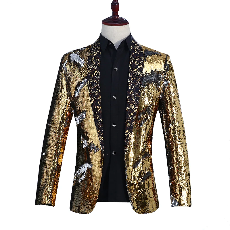 

Luxury Shiny Sequins Dress Blazer Men Singer Host Nightclub Stage Shawl Collar Suit Jacket Wedding Party Stage Blazers 5 Colors