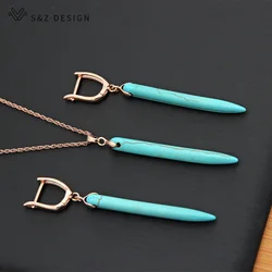 S&Z DESIGN New Vintage Long Synthetic Turquoises Dangle Earrings Jewelry Sets For Women Jewelry 585 Rose Gold Color Pendant