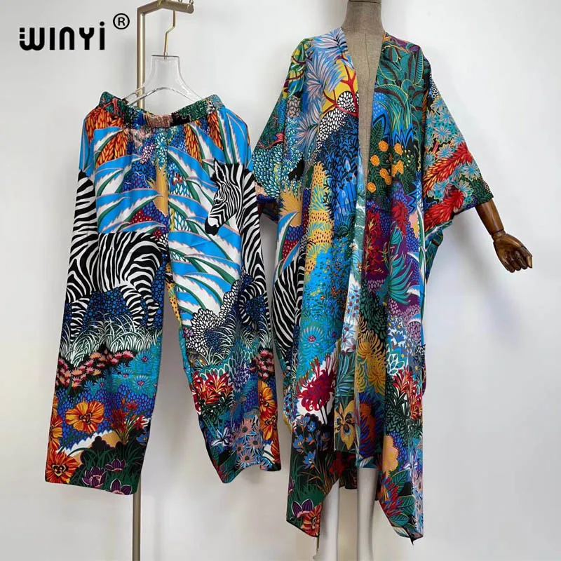 

WINYI 2021 two-piece suit Boho Printed kimonos verano Batwing Sleeve sukienka Women Elastic Silk Floor Length New Fashion kaftan