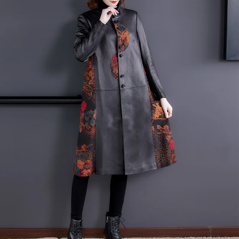 Outono e inverno mais tamanho mãe usar nova moda magro preto blusão jaqueta na moda feminina high-end couro trench coat