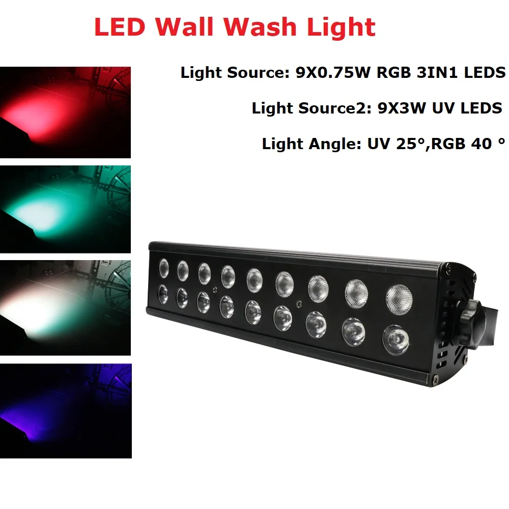 

RDM Function 9X3W UV + 9X0.75W RGB LED Wall Wash Light 7 Channels DMX 512 UV Bar Wash Stage Light Music Dj Disco Light Party