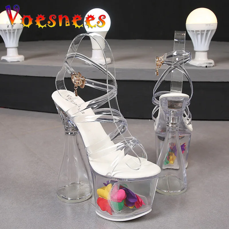 Women All Transparent Sandal Sexy Platform 17.5CM Super High Heels New Fashion Female Summer Round Heel Nightclub Stripper Shoes