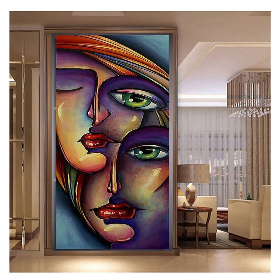 Large Size Full Round Drill Emeroidery Diamond Rhinestone Painting Cross Stitch Diamond Mosaic Woman Face Colorful Abstract Art