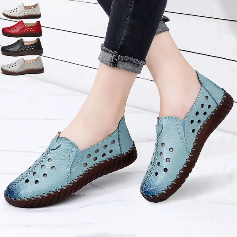 Fashion Leather Women shoe Sewing Moccasins Women\'s Sports Shoes Four Seasons Oxford Flats Soft Casual Womens Loafers Blue