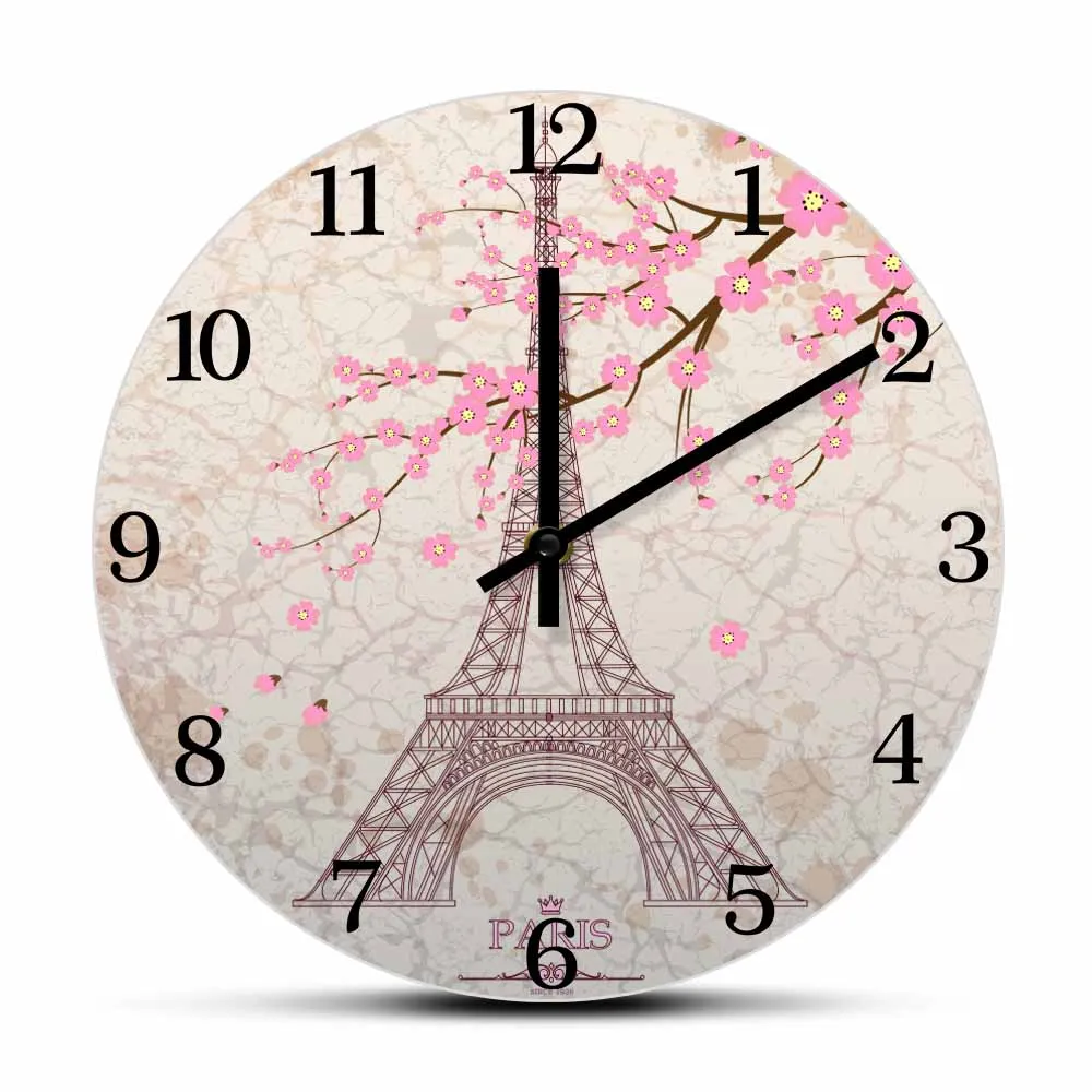 

Eiffel Tower Pink Flowers Vintage Silent Movement Wall Clock Paris Landmark Home Decor Clock Watch European City Traveling Gift