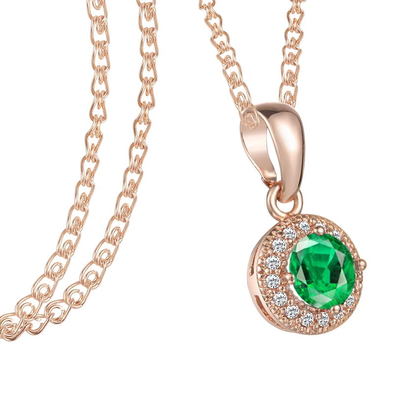 FJ  Women 585 Rose Gold Color White/Green/Blue Stone Pendant + Optional Necklace