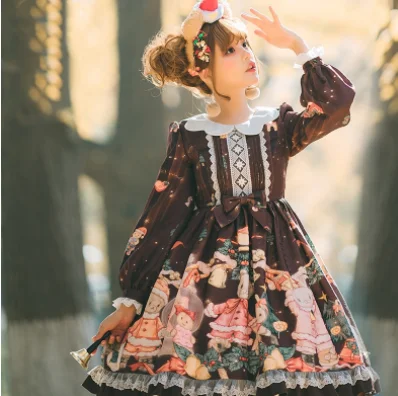 Robe gothique lolita op pour filles, douce, princesse, vintage, col en pétales, nœud papillon, imprimé, taille haute, robe victorienne