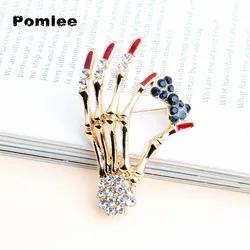 Pomlee 2021New Arrival Skull Hand Bowknot Brooch Unisex Punk Pin Antil Gold Red Rhinestone Brooch Gift Clip Accessories Whosales