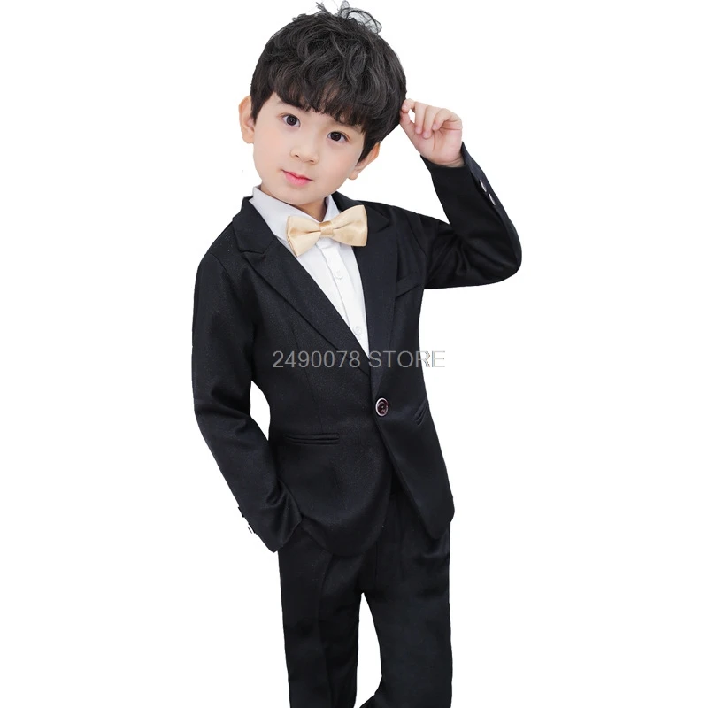 

Flower Boys Black Wedding Suit Kids Jacket Pants 2Pcs Clothing Set Children Piano Show Performance 007 Party Dress Costume