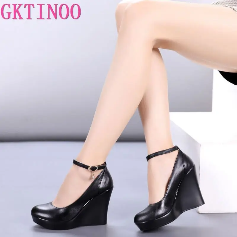 Fashion Ankle Strap High Wedges Platform Pumps For Women Casual Genuine Leather Black Work Shoes High Heels