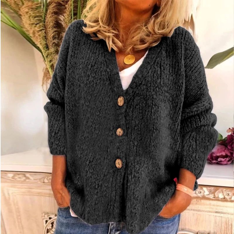 S-3XL Knitted Cardigan Tops Women\'s Casual Solid Color V-Neck Long Sleeve Single Breasted Oversized Jacket Sweater with Button