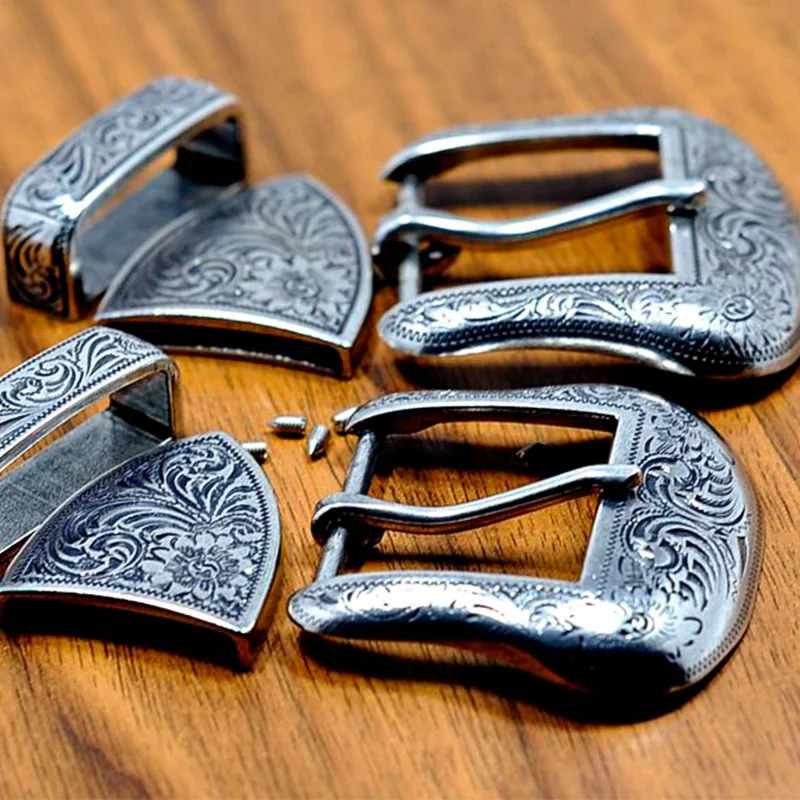 Style Silver Plated Metal Belt Buckle For Men Vintage Embossed Three Piece Pin Buckles DIY Leather Craft Buckle 3pcs/set