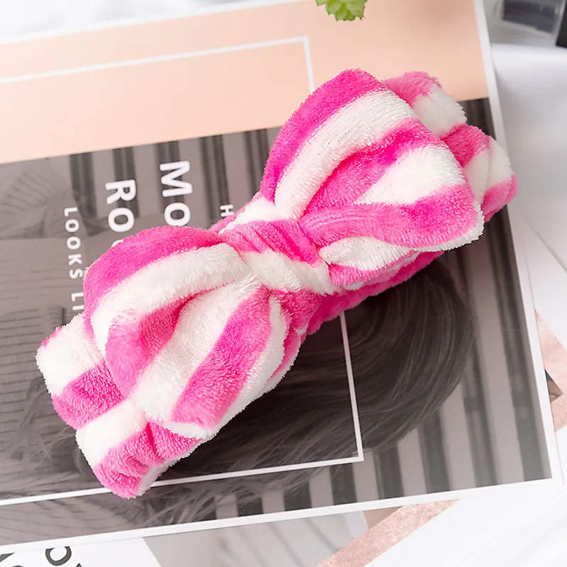 Women Stripes Pattern Soft Skin Care Single PP Bag Packing Coral Fleece Sports Shower Make Up Facial Bow Knot Velvet Headbands