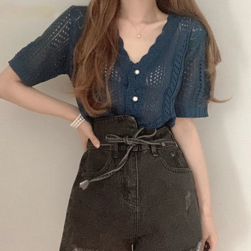 Cardigan Women Hollow Out Crop V-neck Summer Knitted Female Korean Style Casual Single Breasted Solid Fashionable Girl Chic Slim