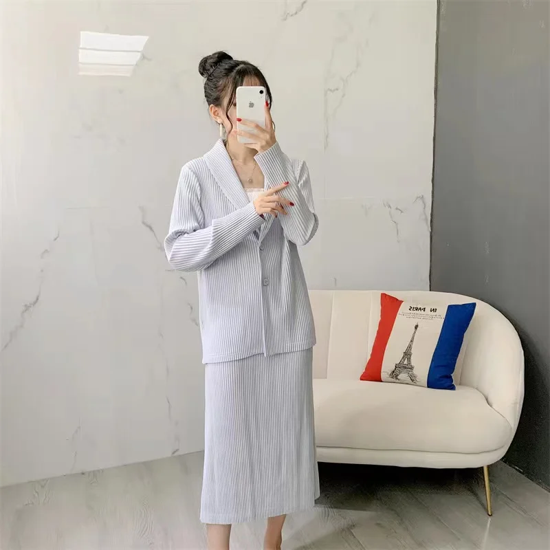 Miyake Pleated Suit Collar Breasted Loose Fashion Temperament Cardigan New Pleated Casual Half Skirt Two-Piece Set 2024 Autumn