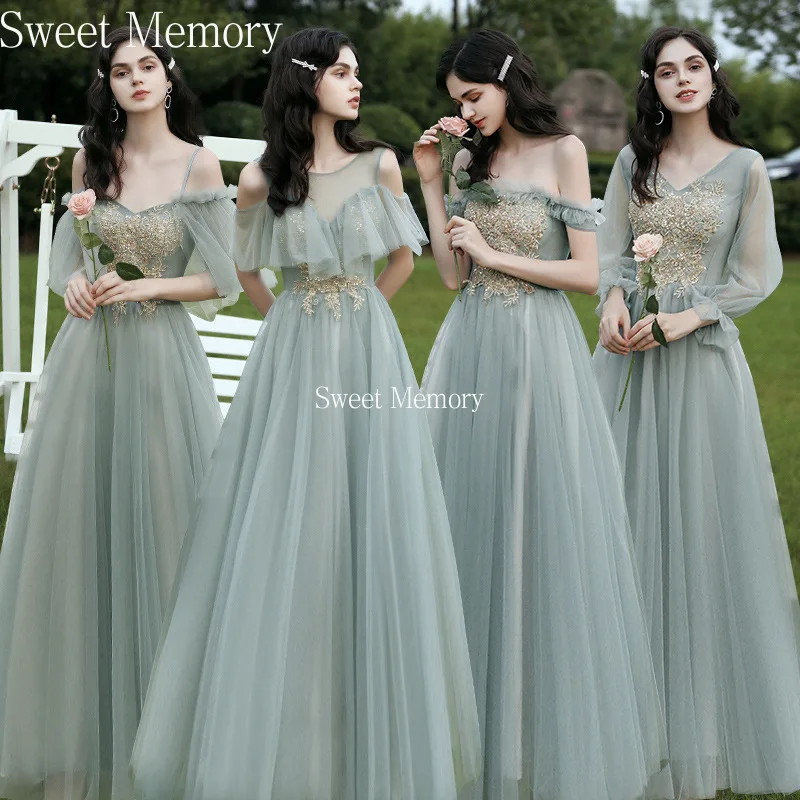 

Sweet Memory Women Appliques Lace Green Bridesmaid Dresses Women Lace Up Wedding Party Prom Robe Female Tulle Evening Dress