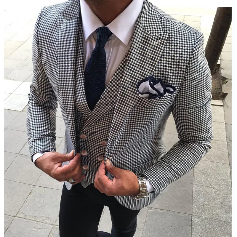 Xadrez magro ajuste ternos masculinos 3 peça personalizado checkered smoking de casamento para padrinhos cavalheiro moda roupas conjunto jaqueta colete calças