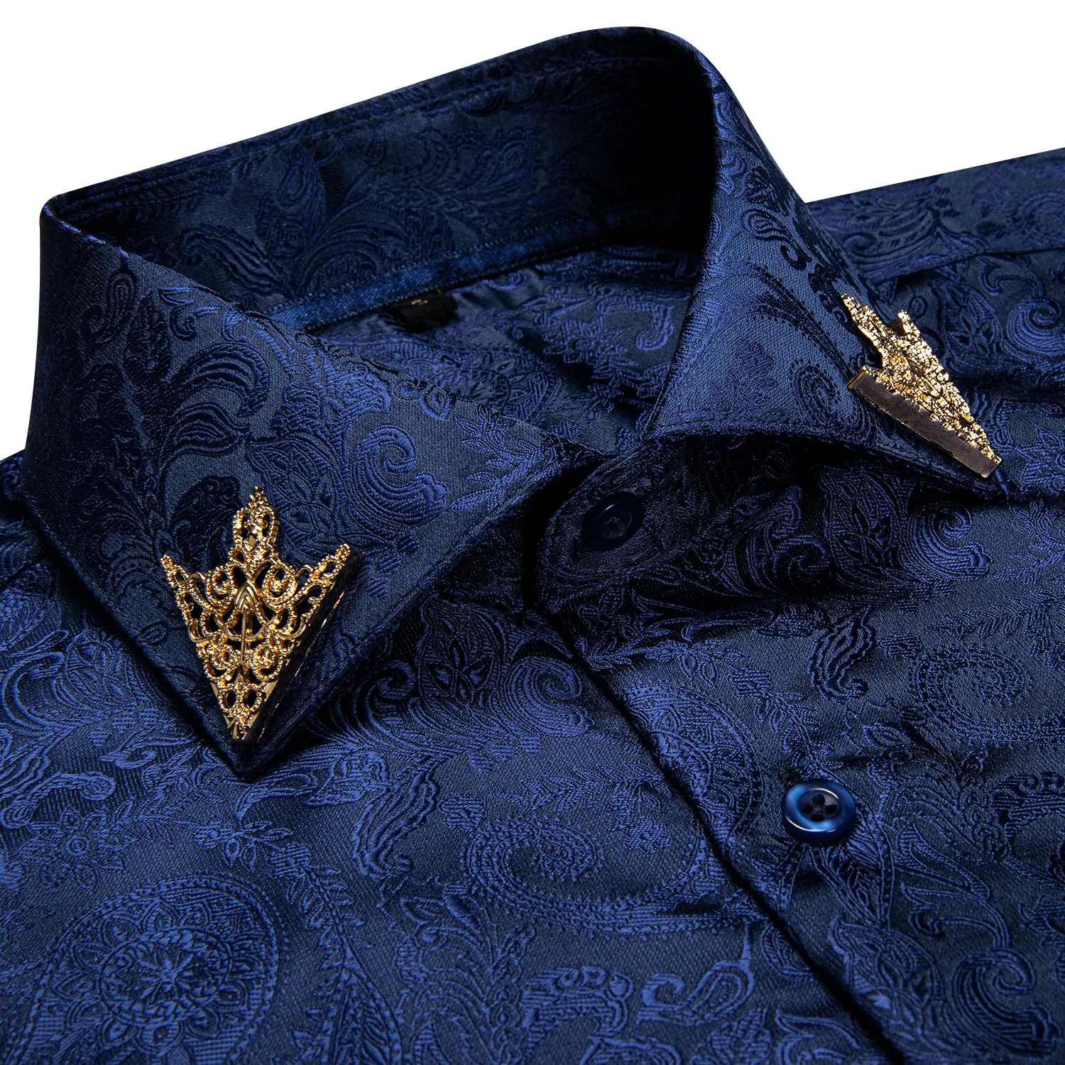 Autumn Men's Long Sleeve Shirts Navy Blue Print Satin Formal Business Social Shirts Male Casual Floral Blouse Mens Clothing