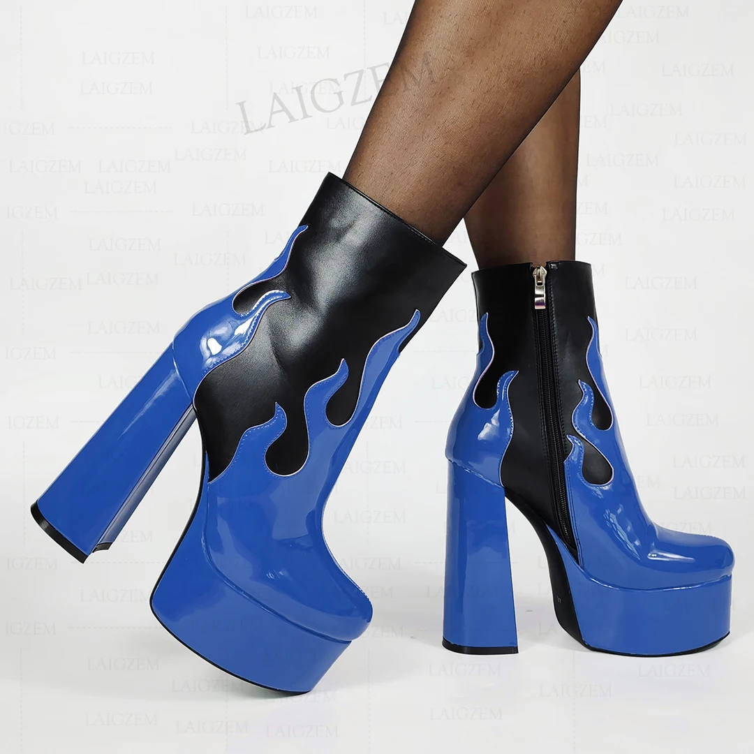 LAIGZEM Women Ankle Boots Patchwork Fire Thick High Heels Short Booties Height Increase Comfortable Shoes Woman Big Size 42 47