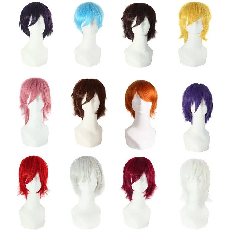 Similler Men\'s Short Synthetic Wigs Anime Cosplay Curly Hair Heat Resistance Pink Black Red Blue Brown Yellow White Wig