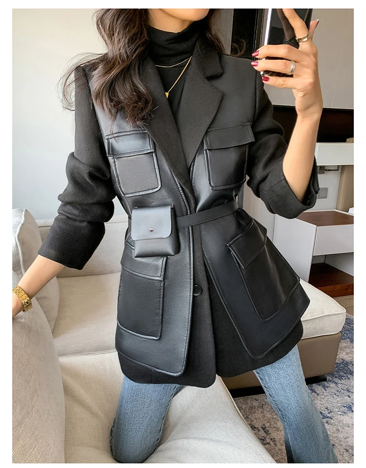 Nerazzurri Autumn Black Wool Blends Patchwork Leather Jacket Women with Many Pockets Long Sleeve Korean Fashion Streetwear 2022