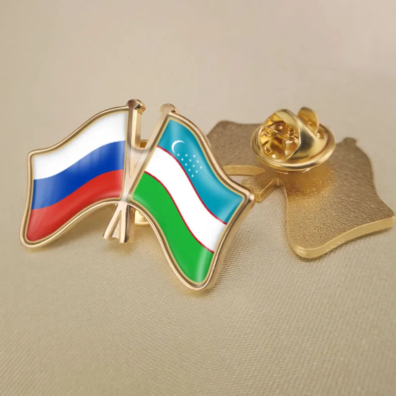 

Russian Federation and Uzbekistan Crossed Double Friendship Flags Lapel Pins Brooch Badges