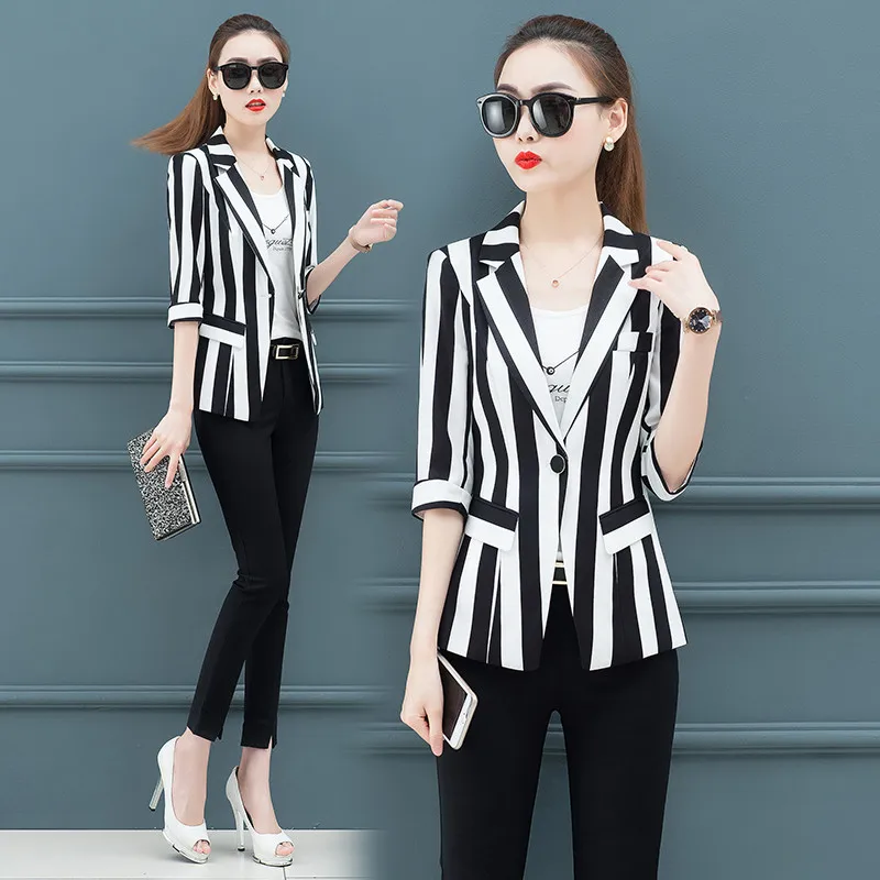 2022 Fashion Striped Office Lady Suit Jacket Korean Spring Summer Slim Short Blazers Coats for Women Clothing Outerwear b298