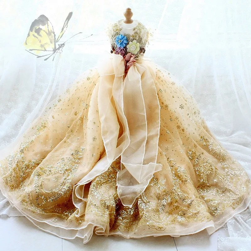 Handmade Dog Clothes Pet Supplies Trailing Dress Gown Big Bow Gorgeous Glitter Champagne Golden Princess Tulle Skirt One Piece