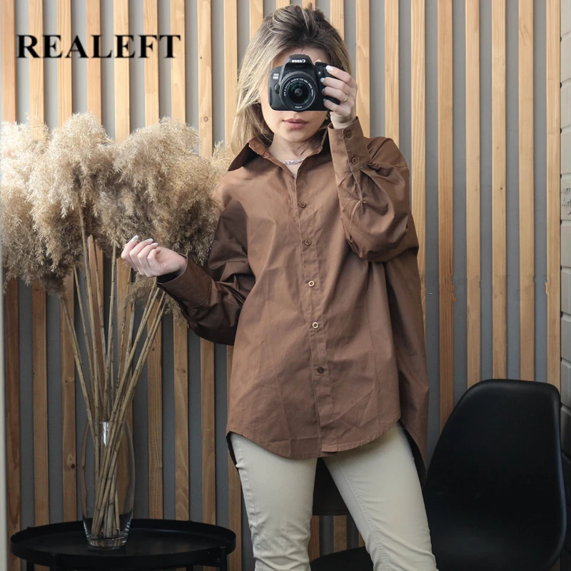 REALEFT 2021 New Cotton Oversized Women's Blouse White Single Breated Long Sleeve Tops Female Casual Loose Blouse Shirts Lady